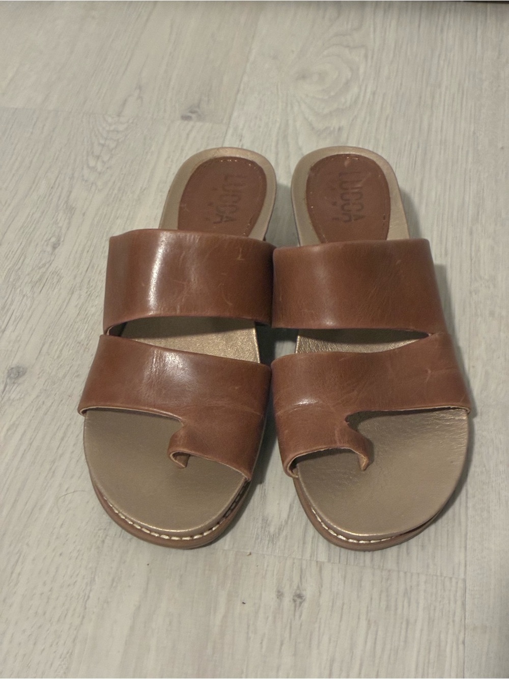 Lucca Women's Brown Double-Strap Leather Slide Sandals - 9